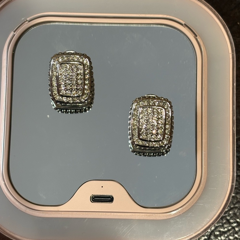 Pavé Rectangular Silver-Tone Stud Earrings - Sparkling Clear Stones